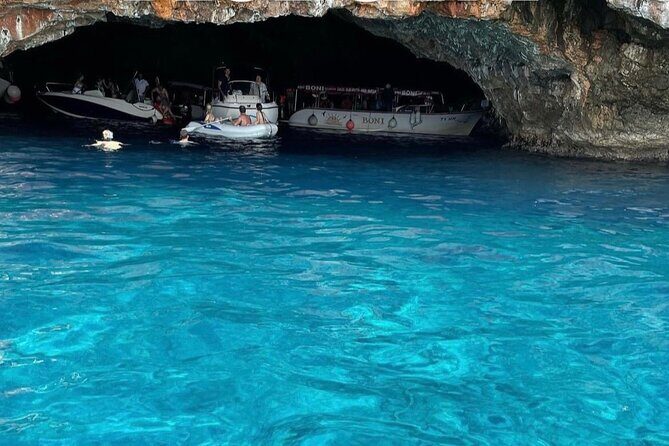 From Kotor: Boat to Blue Cave & Lady of the Rocks &Submarine Base - Blue Cave first: surreal blue water, but weather calls the shots